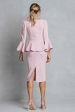 Pink Pencil Ruffle Work Dress With Long Sleeves