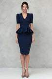 V-Neck Pencil Navy Work Dress With Short Sleeves