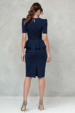 V-Neck Pencil Navy Work Dress With Short Sleeves