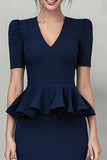 V-Neck Pencil Navy Work Dress With Short Sleeves