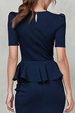 V-Neck Pencil Navy Work Dress With Short Sleeves