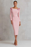 Pink Pencil Long Sleeve Work Dress With 3D Flowers