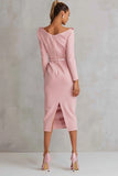 Pink Pencil Long Sleeve Work Dress With 3D Flowers