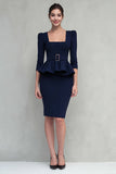 Navy Pencil Square Neck Work Dress With Belt