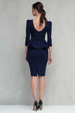 Navy Pencil Square Neck Work Dress With Belt