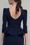 Navy Pencil Square Neck Work Dress With Belt
