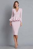 Pink V-Neck Pencil Ruffle Long Sleeve Work Dress