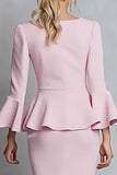 Pink V-Neck Pencil Ruffle Long Sleeve Work Dress