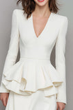 Ivory A-Line Ruffle Long Sleeve Work Dress