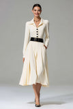 Ivory A-Line Notched Lapel Long Sleeve Work Dress