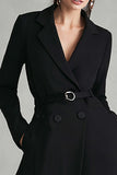 Black Long Sleeve Notched Lapel A-Line Work Dress With Belt