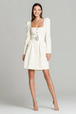 Long Sleeve A-Line Ivory Mini Work Dress With Belt