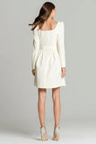 Long Sleeve A-Line Ivory Mini Work Dress With Belt