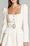 Long Sleeve A-Line Ivory Mini Work Dress With Belt