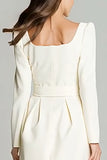 Long Sleeve A-Line Ivory Mini Work Dress With Belt