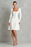 Square Neck A-Line Long Sleeve Ivory Work Dress