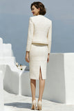 2-Piece Ivory Pencil Tweed Midi Work Dress