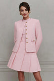 Pink 2-Piece A-Line Tweed Long Sleeve Work Dress