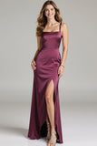 Burgundy Sheath Square Neck Evening Dress With Slit