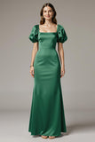 Green Sheath Square Neck Backless Wedding Guest Dress with Puff Sleeves