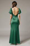 Green Sheath Square Neck Backless Wedding Guest Dress with Puff Sleeves