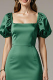 Green Sheath Square Neck Backless Wedding Guest Dress with Puff Sleeves