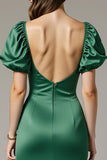 Green Sheath Square Neck Backless Wedding Guest Dress with Puff Sleeves