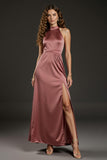 Cabernet Sheath Halter Satin Wedding Guest Dress With Slit