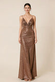 Glitter Coffee Sheath Spaghetti Straps Long Evening Dress