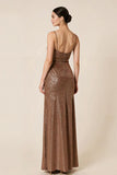 Glitter Coffee Sheath Spaghetti Straps Long Evening Dress