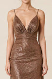 Glitter Coffee Sheath Spaghetti Straps Long Evening Dress
