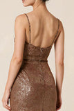Glitter Coffee Sheath Spaghetti Straps Long Evening Dress