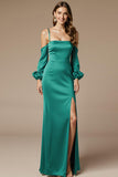 Peacock Green Cold Shoulder Sheath Wedding Guest Dress With Slit