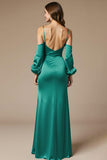 Peacock Green Cold Shoulder Sheath Wedding Guest Dress With Slit