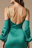 Peacock Green Cold Shoulder Sheath Wedding Guest Dress With Slit