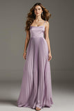 Light Purple A-Line Spaghetti Straps Pleated Maxi Dress