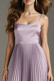 Light Purple A-Line Spaghetti Straps Pleated Maxi Dress