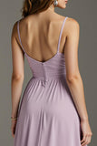 Light Purple A-Line Spaghetti Straps Pleated Maxi Dress