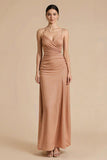Terracotta Sheath Spaghetti Straps Ruched Maxi Dress