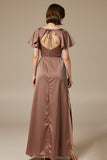 Satin Coffee Scoop Neck Maxi Wedding Guest Dress With Slit