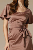 Satin Coffee Scoop Neck Maxi Wedding Guest Dress With Slit