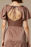 Satin Coffee Scoop Neck Maxi Wedding Guest Dress With Slit
