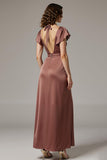 Coffee Satin V-Neck Backless Maxi Dress With Slit
