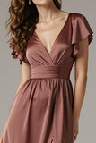 Coffee Satin V-Neck Backless Maxi Dress With Slit