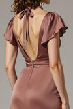Coffee Satin V-Neck Backless Maxi Dress With Slit
