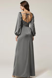 Dark Grey A-Line Backless V-Neck Wedding Guest Dress with Sash