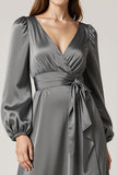 Dark Grey A-Line Backless V-Neck Wedding Guest Dress with Sash