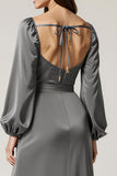 Dark Grey A-Line Backless V-Neck Wedding Guest Dress with Sash