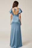 Dusty Blue Sheath Square Neck Maxi Dress With Slit