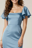 Dusty Blue Sheath Square Neck Maxi Dress With Slit